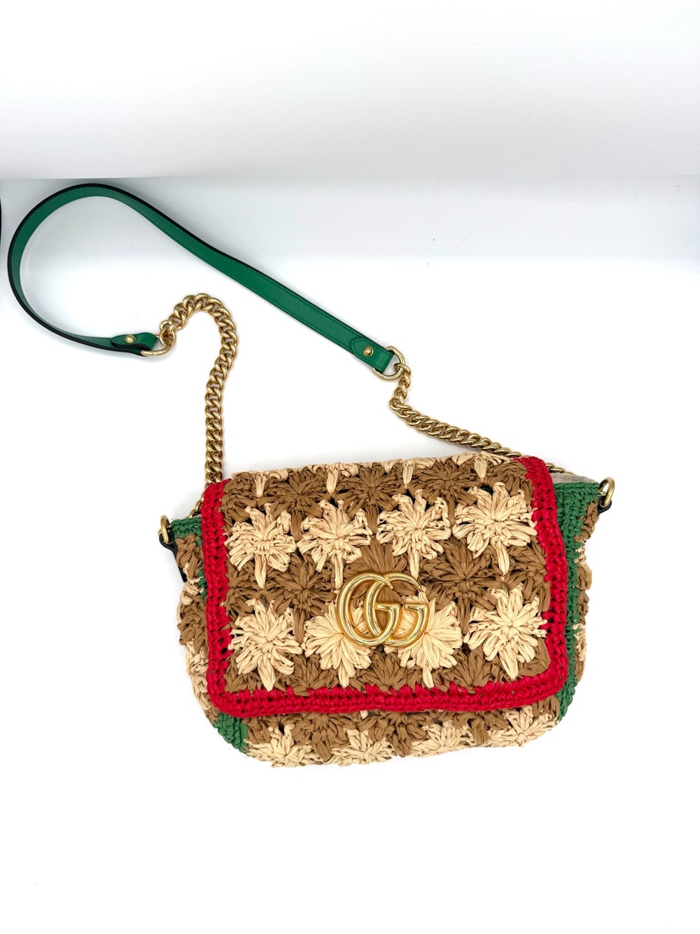 Gucci Raffia Crochet GG Marmont Crossbody Bag